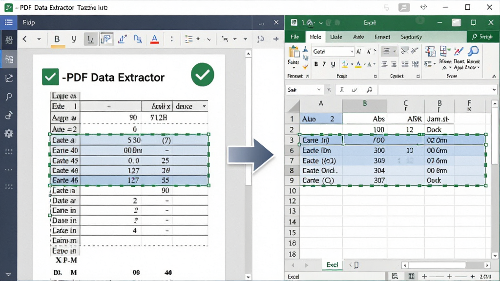 A-PDF Data Extractor ���ܱ���ʶ����չʾͼ������Ϊ��������������д����Ļ�������ʾԭʼ PDF �����Ҳ���ʾ��ȡ�����ɵ� Excel �����м��м�ͷָ���ʾת�����̣�����Ϊ���ҶԱ��Ű棬���Ϊ��ƽ���Ƽ��磬ϸ�ڰ�����ɫ�Թ���ʶ������߿������������ѡ��״̬�������������ɾ����޶���Ԫ��