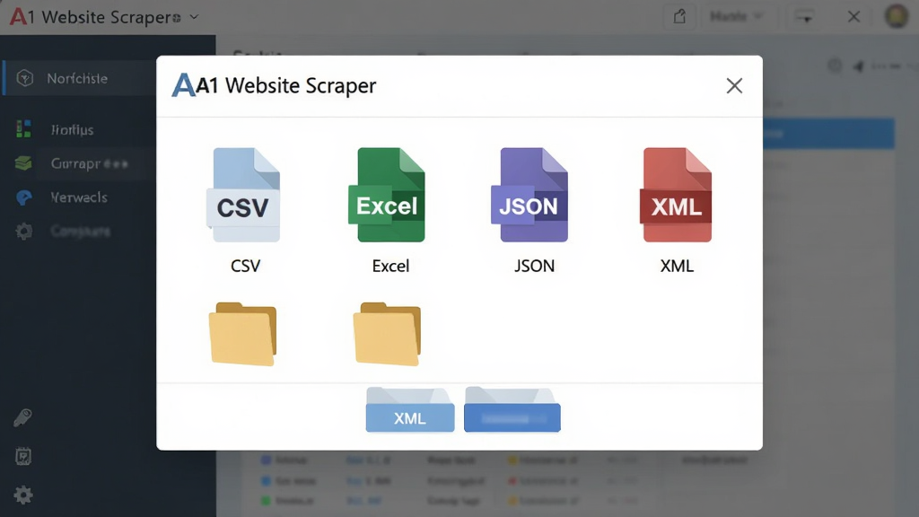 ���ݵ�����ʽʾ��ͼ������Ϊ A1 Website Scraper �����ĵ���ѡ���������Ϊ�������У��Ű��г� CSV��Excel��JSON��XML ���ļ�ͼ�꣬���Ϊ��������ƽ���ϸ����ͼ��������ɫ����ͣ����ʸ��壬�ɾ����޶���Ԫ��