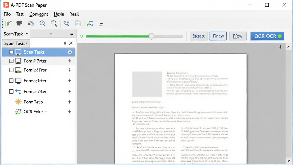 һ��չʾA-PDF Scan Paper���������ͼƬ������Ϊ������Ļ�ϵ����������ڣ����ְ��������˵��������ɨ�������б��������ĵ�Ԥ�������Ű��������࣬���Ϊ�ִ��칫�������棬ϸ�ڰ���ɨ�����������ʽת����ť��OCRʶ��״̬ͼ�꣬���ʸ��壬�ɾ����޶���Ԫ��