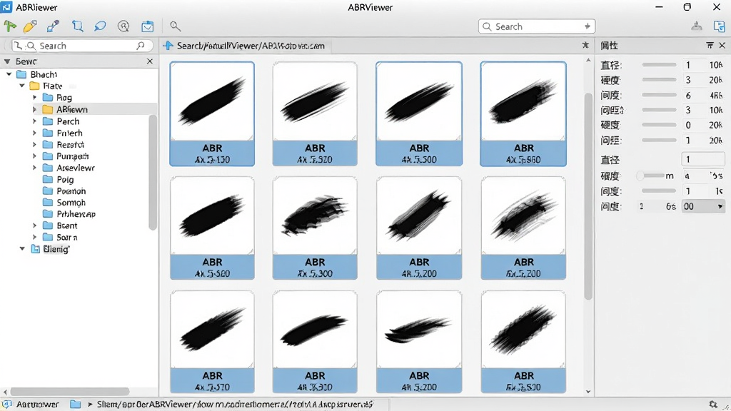 ABRViewer����������ȫ��չʾ���������������Ŷ��ABR��ˢ�ļ�������ͼԤ����ÿ������ͼ�·���ע��ˢ������ߴ���Ϣ�����Ϊ�ļ���Ŀ¼���ṹ���Ҳ�Ϊ��ˢ���������ʾֱ����Ӳ�ȡ����Ȳ��������岼�ּ��������������Ϊ�ִ���ƽ����ƣ�ɫ����ǳ������ɫΪ����ϸ�ڰ���������ͼ�ꡢ�������ļ�·��������������������������ɾ����࣬�޶���װ��Ԫ��