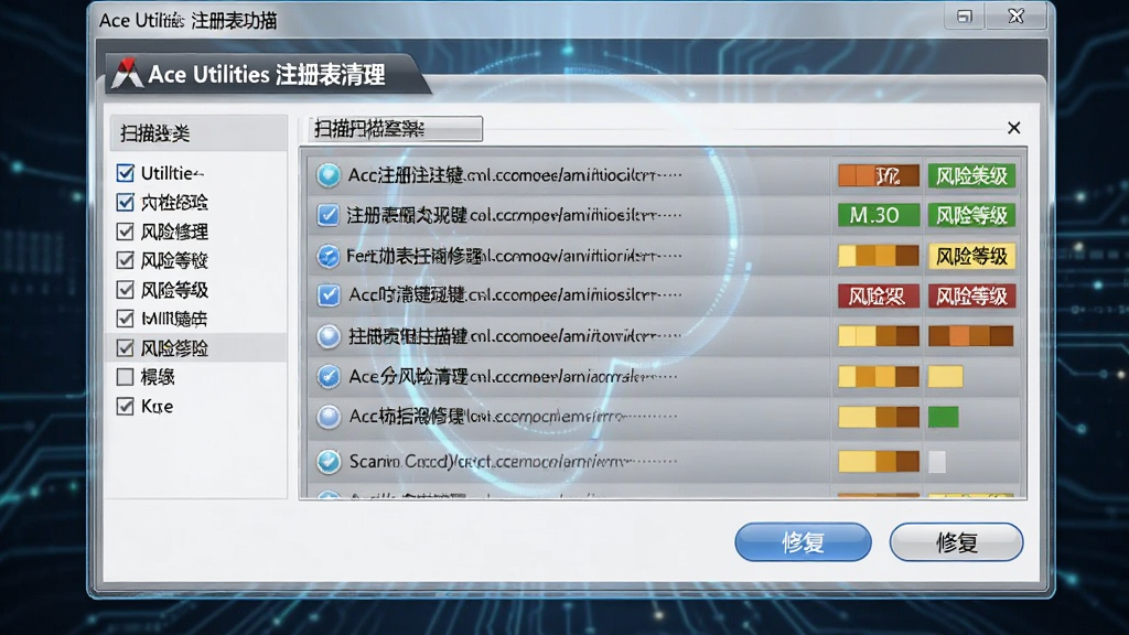 Ace Utilities ע���ɨ���޸����ܽ��棬����Ϊ�������������ɨ����������б�������Ϊ����������ʽ�ṹ���Ű�ͻ�����๴ѡ�����޸���ť�����Ϊ�Ƽ���дʵ������ϸ�ڰ���ע�����ֵ·�������յȼ�ɫ���ʶ��ɨ�趯��ͼ�꣬����ɾ����࣬���ʸ��壬��Ļ������ʾ