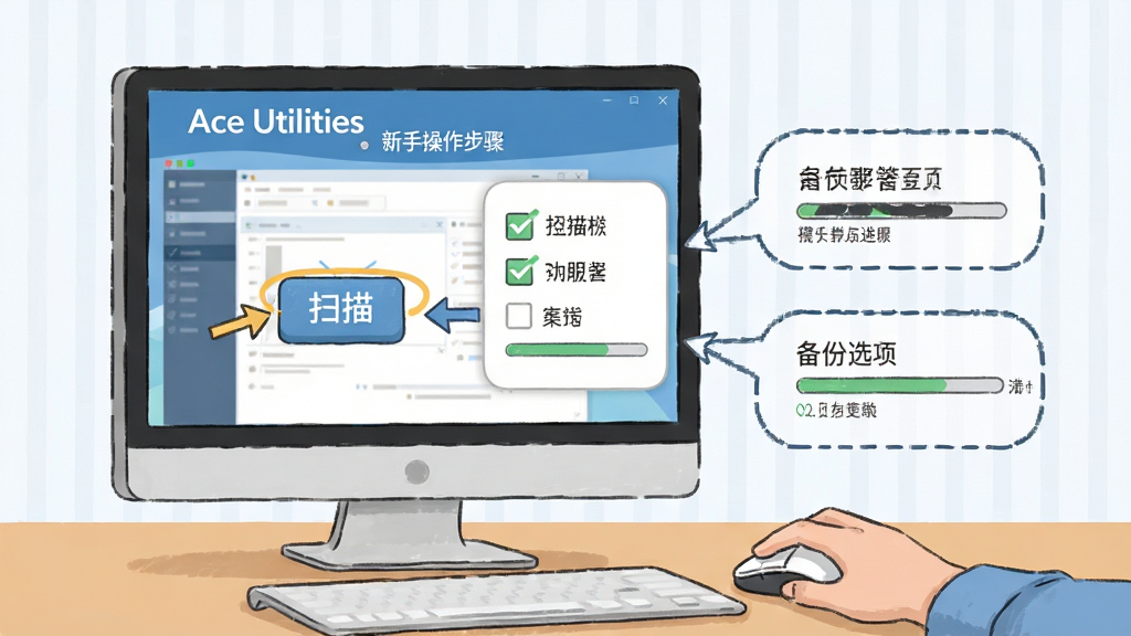 Ace Utilities ���ֲ�������ʾ��ͼ������Ϊ������Ļǰ���û��ֲ�������꣬����Ϊ���������������ʾ������ϣ��Ű�ͻ��ɨ�谴ť�뱸��ѡ����Ϊ���̳̲�ͼ���ϸ�ڰ�����ͷָ������ѡ�򡢽�����ʾ������ɾ����࣬������������Ļ������ʾ