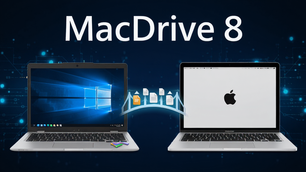 һ��AI���ɵĸ���ͼ������������һ̨Windows�ʼǱ����Ժ�һ̨MacBook���Űڷţ��м���һ�����������������̨�豸�����������ļ�ͼ���ڴ��䣬����Ϊ����ɫ�Ƽ���Ч�������Ϸ���