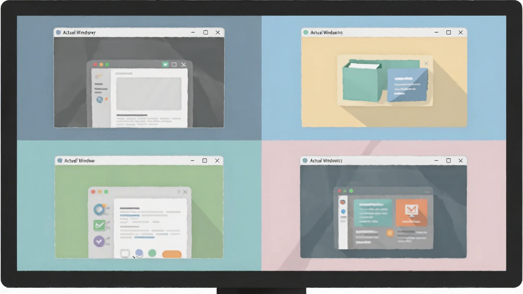 һ��չʾ Actual Window Manager �ര�ڶ��벼�ֵ�ʾ��ͼ��������һ��������ʾ��������Ϊ�ĸ����ȵ�����ÿ�������ڶ���һ����ͬ��Ӧ�ó��򴰿ڣ�����֮��û���ص����������롣������Ϊ��ƽ����ƣ�ɫ����ͣ�ϸ�ڰ������ڱ���������ʾ���߿򡣻��ʸ��壬�ɾ����޶���Ԫ�ء�