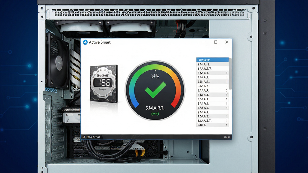 软件主界面展示一台电脑主机内部结构,中央悬浮 Active Smart 软件窗口,窗口内显示硬盘健康度仪表盘与绿色对勾图标,背景为深蓝色科技感渐变,布局居中对称,风格简洁现代,细节包括硬盘模型、温度数字、S.M.A.R.T. 参数列表,画质高清,画面干净,无多余元素
