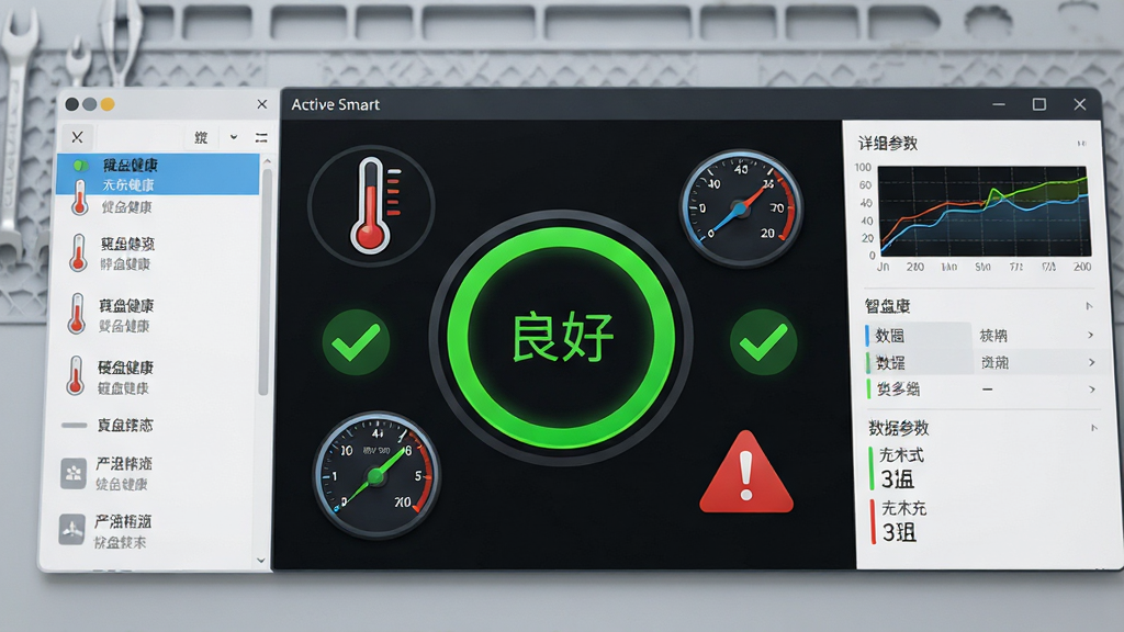 Active Smart 软件界面特写,屏幕中央显示硬盘健康状态为“良好”,周围环绕温度计图标、转速表图标和警告标志,背景为浅灰色工作台,布局采用左右分栏,左侧为硬盘列表,右侧为详细参数,风格写实科技风,细节包括数据曲线图、绿色对勾、红色感叹号,画质清晰,画面干净,无多余元素