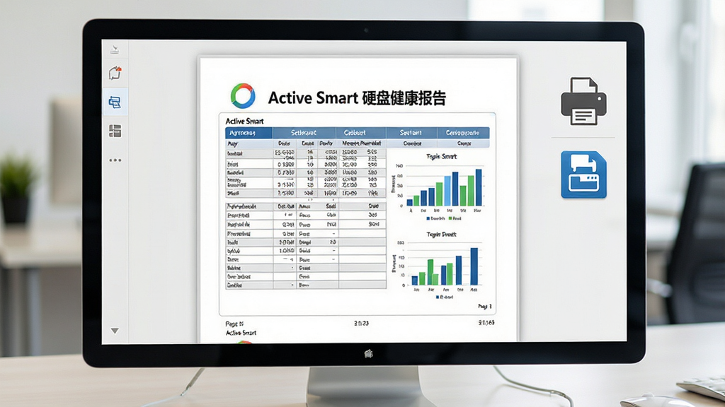 Active Smart 报告导出界面,屏幕上显示一份详细的硬盘检测报告文档,文档标题为“Active Smart 硬盘健康报告”,旁边有打印机图标和保存按钮,背景为办公桌面,布局采用文档预览样式,风格商务简洁,细节包括表格数据、图表、页码,画质清晰,画面干净,无多余元素