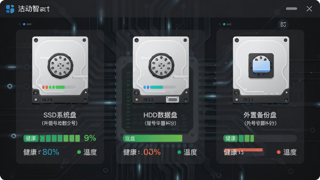 Active Smart 多硬盘监控界面,画面中同时展示三块硬盘的图标,分别标注“SSD系统盘”“HDD数据盘”“外置备份盘”,每块硬盘下方显示健康百分比和温度,背景为深灰色科技背景,布局采用三列并排,风格现代简约,细节包括彩色状态条、硬盘型号文字,画质高清,画面干净,无多余元素