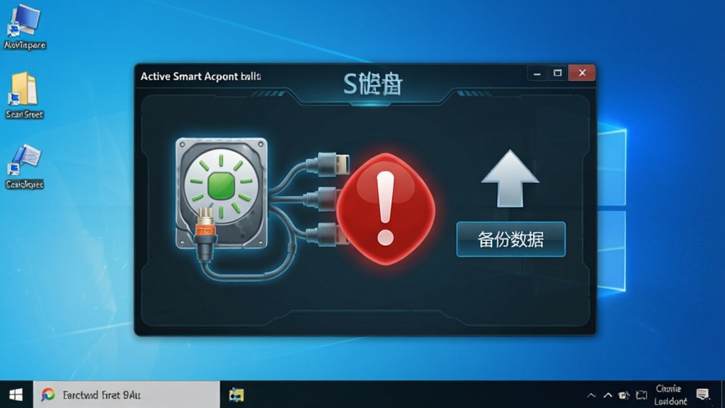 Active Smart 软件运行在Windows桌面,界面显示硬盘健康状态为警告,红色感叹号醒目,旁边有“备份数据”提示按钮,背景为电脑桌面,布局采用弹窗样式,风格警示科技风,细节包括硬盘图标、数据线、备份箭头,画质清晰,画面干净,无多余元素