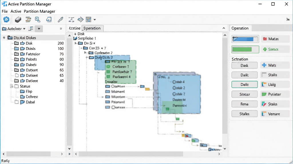 һ����������ȫ��չʾͼ������������ Active Partition Manager �������ڣ����Ϊ�����б�������ṹʾ��ͼ���Ҳ�Ϊ��������빦�ܰ�ť�����岼�������Գƣ����Ϊ�ִ���Լ�Ƽ��磬ϸ�ڰ�������������������״̬��ʶ���˵����빤����ͼ�꣬���ʸ��壬����ɾ����޶���Ԫ��