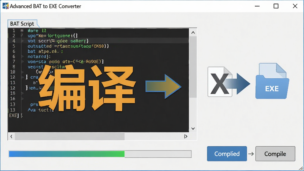 Advanced BAT to EXE Converter ������������ʾһ�� BAT �ű����ڱ�����Ϊ EXE �ļ��������Ǵ���༭������밴ť������Ϊ���ҷ������Ű���ͻ�������롱�롰EXE�����������Ϊ�Ƽ��б�ƽ����ϸ�ڰ�������������������������ļ�ͼ��ת����ͷ����������������ɾ����޶���Ԫ��