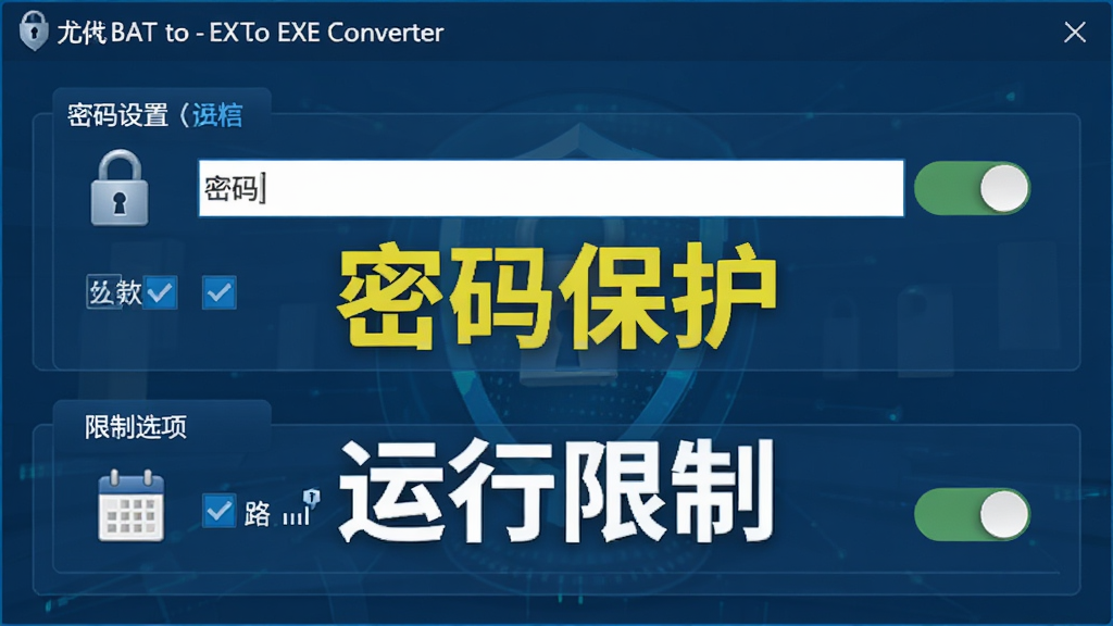 Advanced BAT to EXE Converter �İ�ȫ������壬���������������������ѡ�ѡ�򣬲���Ϊ��������У��Ű���ͻ�������뱣�����롰�������ơ����֣����Ϊ��ȫ�������������ɫ����ϸ�ڰ�������ͼ�ꡢ����ͼ���뿪�ذ�ť����������������ɾ����޶���Ԫ��