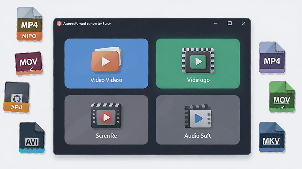 一张展示 Aiseesoft mod converter suite 软件主界面的数字插画,画面中央是软件窗口,窗口内排列着视频转换、视频编辑、屏幕录制、音频转换四个功能模块图标,窗口周围漂浮着 MOD、MP4、MOV、AVI、MKV 等视频格式标签,背景为干净浅灰色,布局采用居中对称排版,风格为扁平化科技插画,细节包括图标圆角、轻微投影、界面文字清晰,画质高清 4K,干净整洁,无多余元素