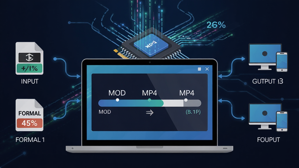一幅表现 Aiseesoft mod converter suite 硬件加速转换功能的科技风格插图,画面主体是一台笔记本电脑屏幕,屏幕中显示视频转换进度条从 MOD 格式流向 MP4 格式,屏幕后方有显卡芯片与光线流动的抽象图形,布局采用左右分栏,左侧为输入格式图标,右侧为输出设备图标,风格为现代扁平科技风,细节包括光线轨迹、进度百分比、格式标签清晰可见,画质高清,干净,无多余元素