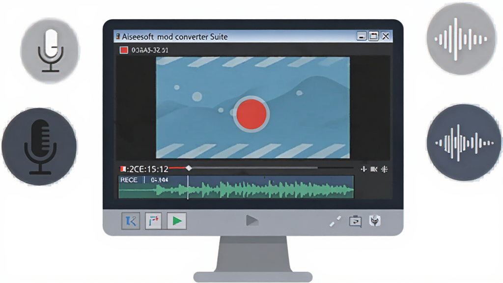 一幅描绘 Aiseesoft mod converter suite 屏幕录制功能的场景插画,画面主体是一台显示器,屏幕中显示正在录制的视频画面,画面周围有红色录制按钮、麦克风图标、系统声音波形图标,布局采用居中构图,风格为扁平化软件场景插画,细节包括录制时间码、标注工具栏、音频波形,画质高清,干净,无多余元素