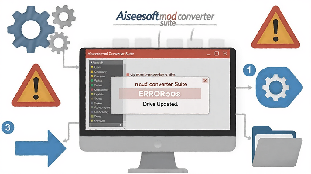 一张展示 Aiseesoft mod converter suite 在电脑上运行时的故障排查场景插画,画面中是一台显示器显示软件界面,旁边有齿轮图标、警告三角形、驱动更新箭头、文件夹图标,布局为居中环绕式,风格为扁平化信息图,细节包括错误提示框、解决步骤编号、颜色区分红蓝灰,画质高清,干净,无多余元素