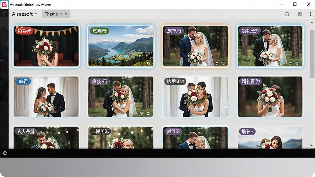 ����չʾ Aiseesoft Slideshow Maker �����е�����ģ��ѡ����棬�����ǵ�����Ļ�ϵ�ģ������ͼ����ÿ��ģ�忨Ƭ�ϱ�ע�Ž��ա����С�����ȷ����ǩ������Ϊ�������е��������У����Ϊ��ƽ����ƣ�ϸ����ģ������ͼ����΢������߿򣬻��������ɾ��޶���Ԫ��