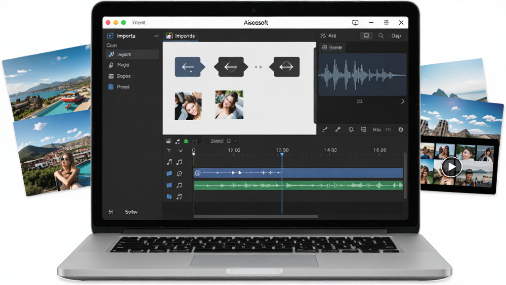 һ��չʾ Aiseesoft Slideshow Maker ���������ͼƬ������������һ̨�򿪵ıʼǱ����ԣ���Ļ����ʾ��������Ƭ��������ʱ����༭������Χɢ���ż���������Ƭ��һ�ζ���Ƶ����ͼ�����ֲ��þ��й�ͼ���Ű������������Ϊ�ִ��Ƽ��У�ϸ������Ļ�ڿɼ�ת��ͼ������ֲ��Σ����ʸ���ɾ��޶���Ԫ��