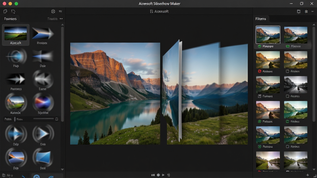 չʾ Aiseesoft Slideshow Maker ����ת�����˾����ܵĽ����ͼ�������ǵ�����Ļ�����Ԥ�����ڣ���������ʾһ�ŷ羰��Ƭ����Ӧ�÷�ҳת��Ч�����������г�����ת��ͼ�꣬�Ҳ������ʾ�˾�����ͼ������Ϊ���ҷ��������Ϊ��ɫ������棬ϸ����ת��ͼ����ж�̬ģ��Ч�������ʸ���ɾ��޶���Ԫ��
