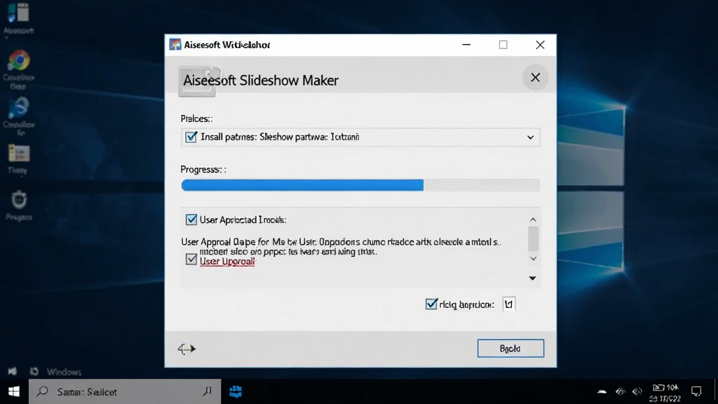 ����չʾ Aiseesoft Slideshow Maker ������ Windows �����ϵİ�װ�򵼽��棬�����ǰ�װ���ںͽ���������������ʾ��װ·��ѡ����û�Э�鹴ѡ�򣬲���Ϊ���е��������Ϊ��లװ���棬ϸ���Ͻ�����������ɫ��䣬���������ɾ��޶���Ԫ��