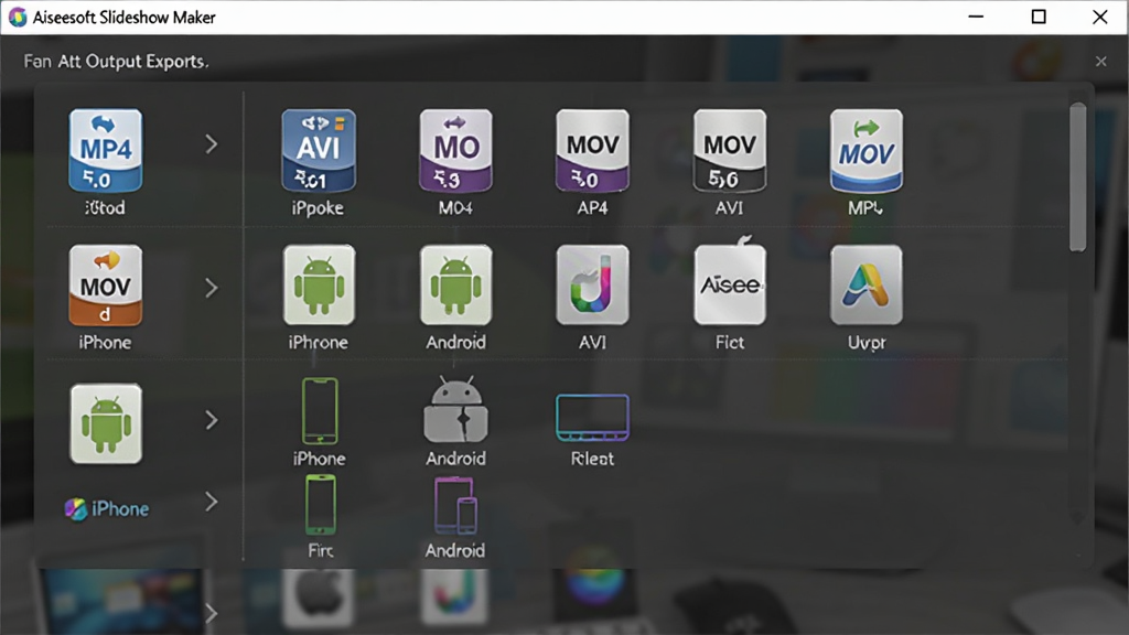 չʾ Aiseesoft Slideshow Maker ����������ý����ͼƬ�������ǵ�����Ļ�ϵĵ�����壬������г� MP4��AVI��MOV �ȸ�ʽͼ���Լ� iPhone��Android ���豸ͼ�꣬����Ϊ�����б����У����Ϊ�������磬ϸ���ϸ�ʽͼ����в�ɫ��ʶ���豸ͼ�����Ʒ�����������ʸ���ɾ��޶���Ԫ��