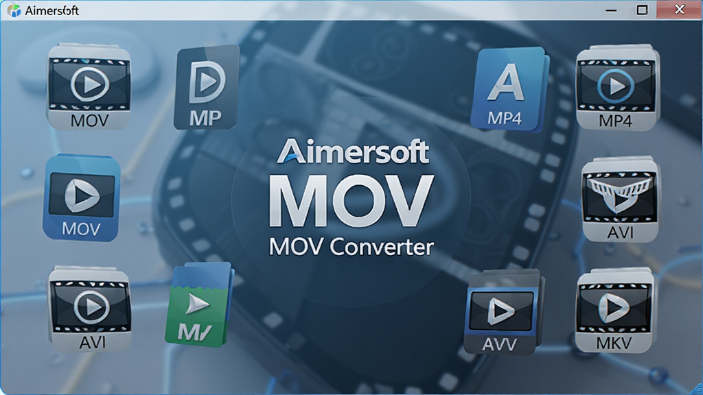 ����������ȫ��չʾ��������Aimersoft MOV Converter��Logo�����ܻ�����MOV��MP4��AVI��MKV����Ƶ��ʽͼ�꣬������ˬ�����ּ�࣬����ִ��Ƽ��У�ϸ�ھ��£����ʸ��壬�ɾ��޶���Ԫ��