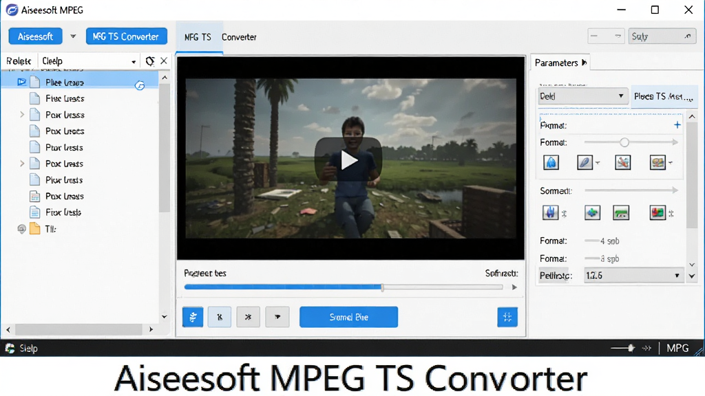 һ����������ȫòͼ�������ǵ�����Ļ�ϴ򿪵�Aiseesoft MPEG TS Converter�������ڣ�����Ϊ����ļ��б������м���ƵԤ�����ڡ��Ҳ����������壬�Ű��������룬���Ϊ�ִ��Ƽ���UI��ƣ�ϸ�ڰ�����ɫ������ť������������ʽͼ�꣬���ʸ���ɾ��޶���Ԫ�أ���Ļ�·���ʾ����