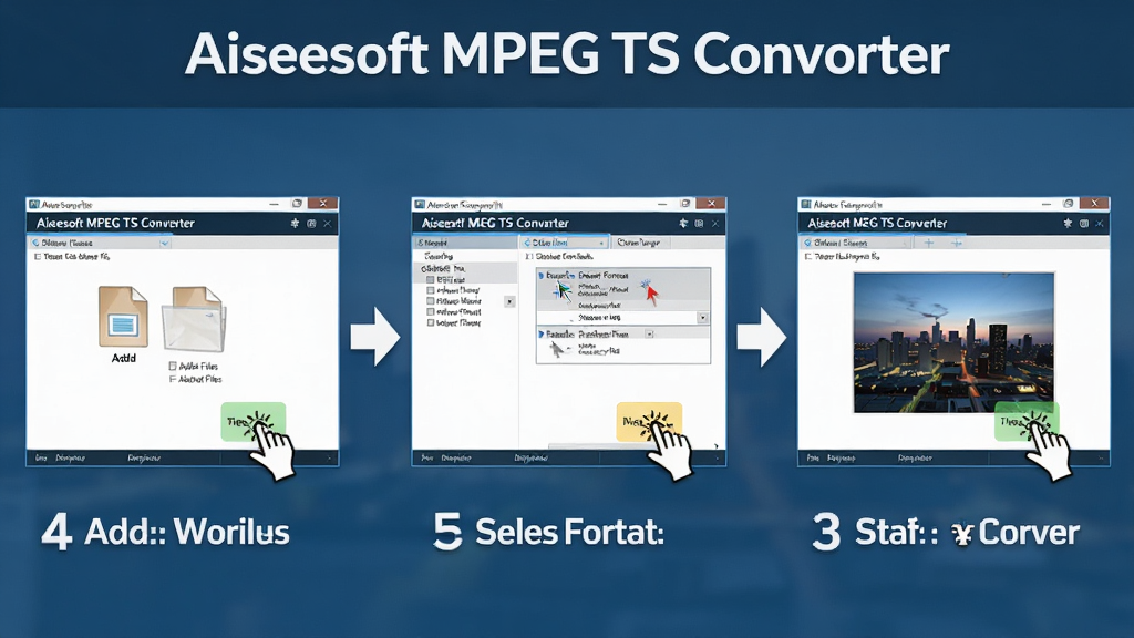 һ��������������ʾ��ͼ�������ǵ�����Ļ��Aiseesoft MPEG TS Converter�������������̣�����Ϊ����������չʾ�����ļ���ѡ���ʽ����ʼת�����������ͼ���Ű�Ϊ��������ͼ��ʽ�����Ϊ�̳�ͼ����ϸ�ڰ�����ͷ�����������š���������������ʸ���ɾ��޶���Ԫ�أ���������ʾ����