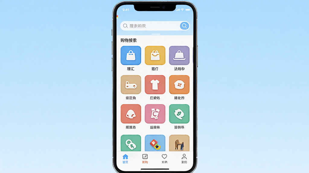 �ֻ���Ļ����չʾ�㹺���̳���ҳ���棬�������������в���Ʒ����ͼ�����񣬵ײ�������������Ϊǳ�����䣬���岼�־��жԳƣ���ƽ��UI���ϸ��������ɫ���������죬���ʸ���ɾ����޶���Ԫ��