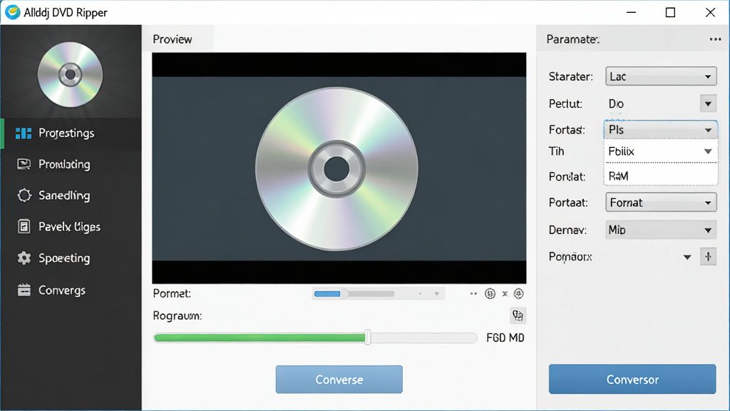 Alldj DVD Ripper ����������չʾ������Ϊ�������ھ��в��֣����Ϊ���ܵ��������Ҳ�Ϊ��ƵԤ�����������������壬�Ű��������������Ϊ�ִ���Լ�Ƽ��磬ϸ�ڰ���DVD����ͼ�ꡢ��ʽѡ�������˵�����������ת����ť�����ʸ��壬����ɾ����޶���Ԫ��