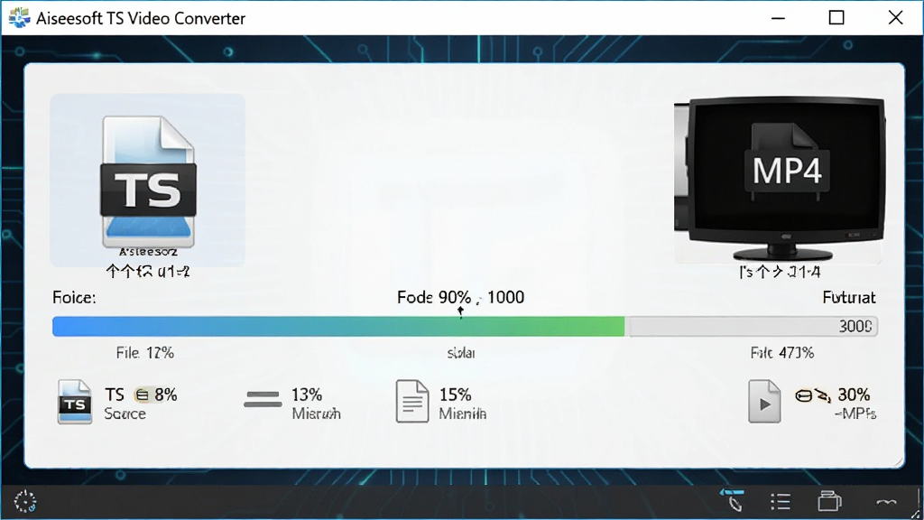 һ��չʾAiseesoft TS Video Converter��������ת����Ƶ��ͼƬ����������������ת�����Ƚ��棬�����ʾԴ�ļ�ΪTS��ʽ���Ҳ���ʾ�����ʽΪMP4����������ʾת�������У���������