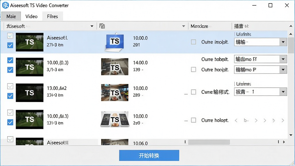 һ��չʾAiseesoft TS Video Converter����ת�����ܵ�ͼƬ�������������ļ��б��������Ŷ��TS��Ƶ�ļ���ÿ���ļ�ǰ�й�ѡ�򣬵ײ���