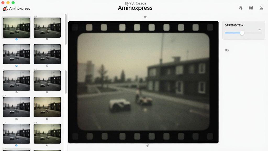 一张展示 Aminoxpress 滤镜特效库的图片,画面中软件界面左侧列出多种滤镜缩略图预览,中间主图应用了复古胶片滤镜效果,右侧有强度调节滑块,界面风格简洁,画质清晰,干净,无多余元素