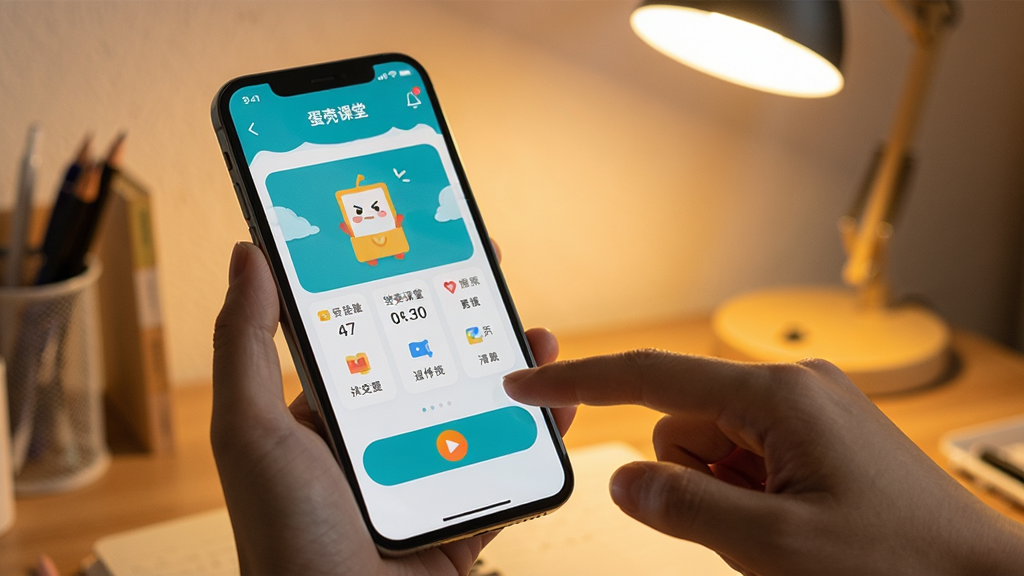 һ���ֻ���Ļ��ʾ�����ǿ��á�App��ѧϰ���棬�Ա���һֻ�����ڵ����Ļ�ϵĲ��Ű�ť��������������̨�ƣ����дʵ��ůɫ��������������ͻ���ƶ���ѧϰ����