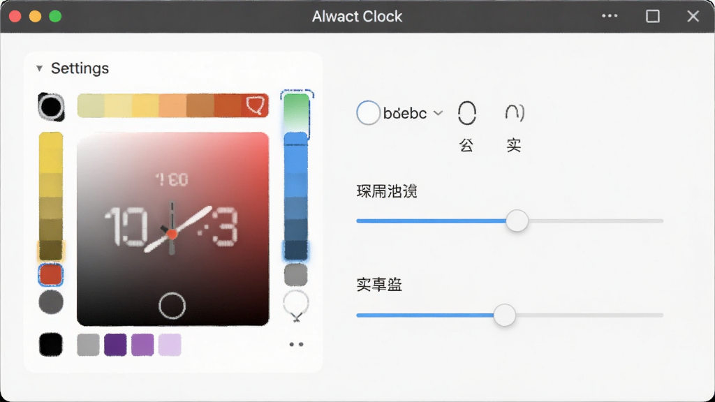 Alwact Clock ���Ի����ý���չʾ����������ʾ������������壬������ɫѡ������͸���Ȼ��顢�����С���ڵ�ѡ�������������������ִ���࣬ϸ�ھ��£������������ɾ��޶���Ԫ��