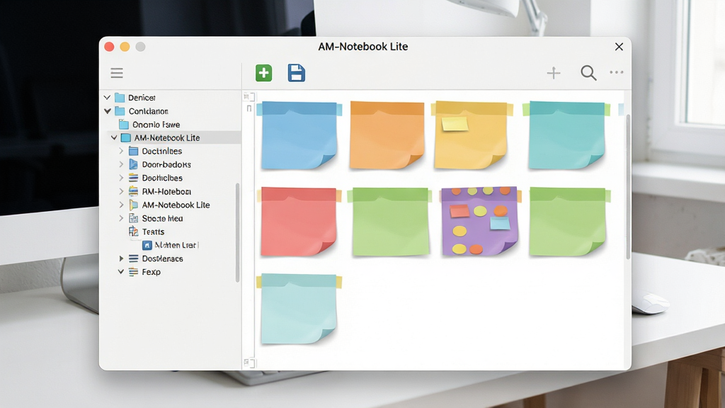 AM-Notebook Lite 软件主界面全貌展示,主体为浅色系窗口布局,左侧树状目录清晰排列,右侧编辑区显示彩色便签卡片,顶部工具栏包含新建、保存、搜索图标,背景为简洁的办公桌面环境,整体风格清爽现代,画质清晰,干净整洁,无多余元素