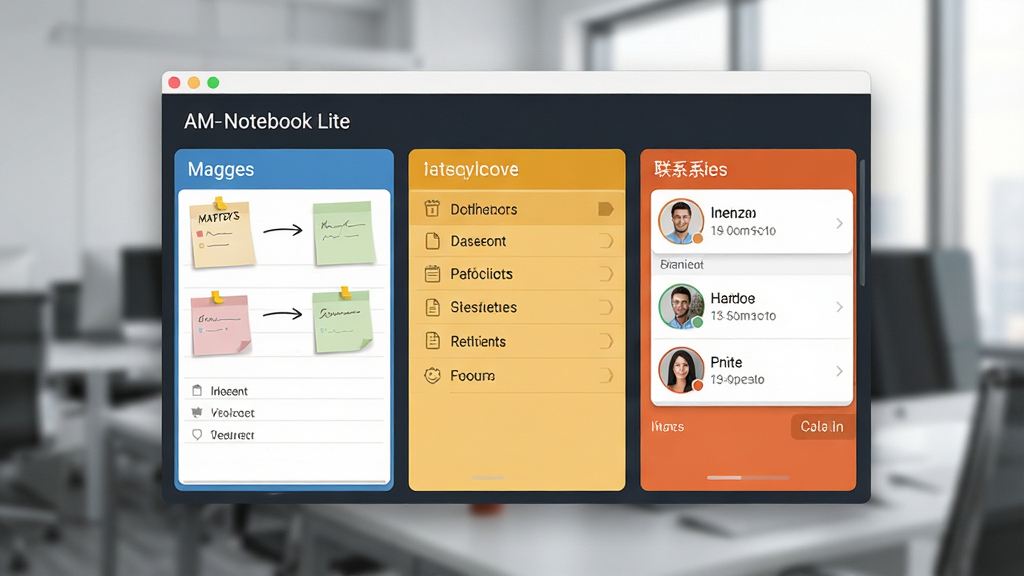 AM-Notebook Lite 多合一信息管理功能展示,画面中央为软件窗口,窗口内同时呈现便签面板、待办列表和联系人卡片,各模块用不同颜色区分,布局紧凑有序,背景为模糊的办公室场景,风格简洁商务,画质清晰,干净无多余元素