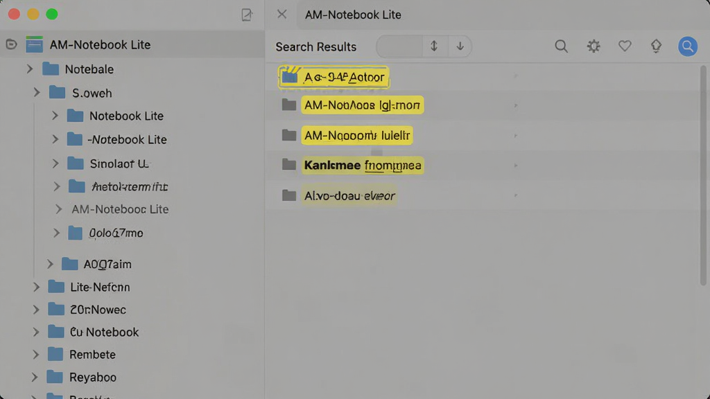 AM-Notebook Lite 树状目录与搜索功能界面,左侧展示多层级的目录树结构,右侧为搜索结果列表,关键词以黄色高亮标记,界面风格素雅极简,背景为纯色,画质清晰,干净整洁,无多余装饰元素