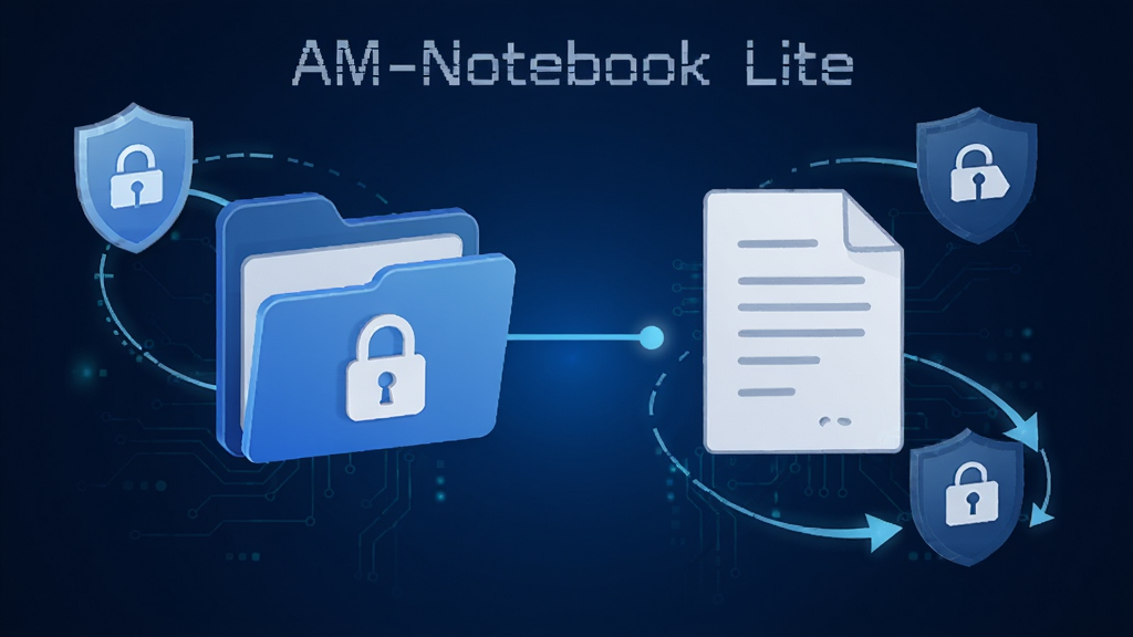 AM-Notebook Lite 数据安全与本地存储示意图,画面中显示一个带锁的文件夹图标与笔记文件图标相连,周围环绕盾牌与备份箭头符号,背景为深蓝色科技感渐变,风格稳重安全,画质清晰,干净无多余元素