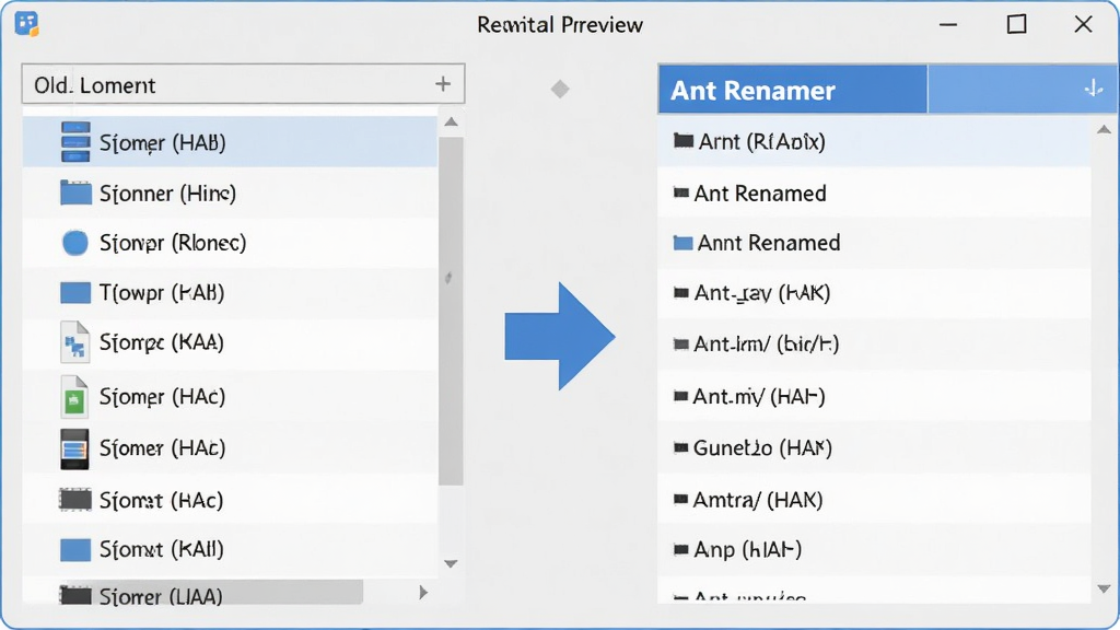 Ant Renamer ����������չʾʵʱԤ�����ܣ�����Ϊ�������ڣ�����ļ��б���ʾ���ļ������Ҳ�Ԥ������ʾ���ļ������м��м�ͷָʾ�������������ִ��������ǳ������ɫ���䣬�����������ɾ��޶���Ԫ��