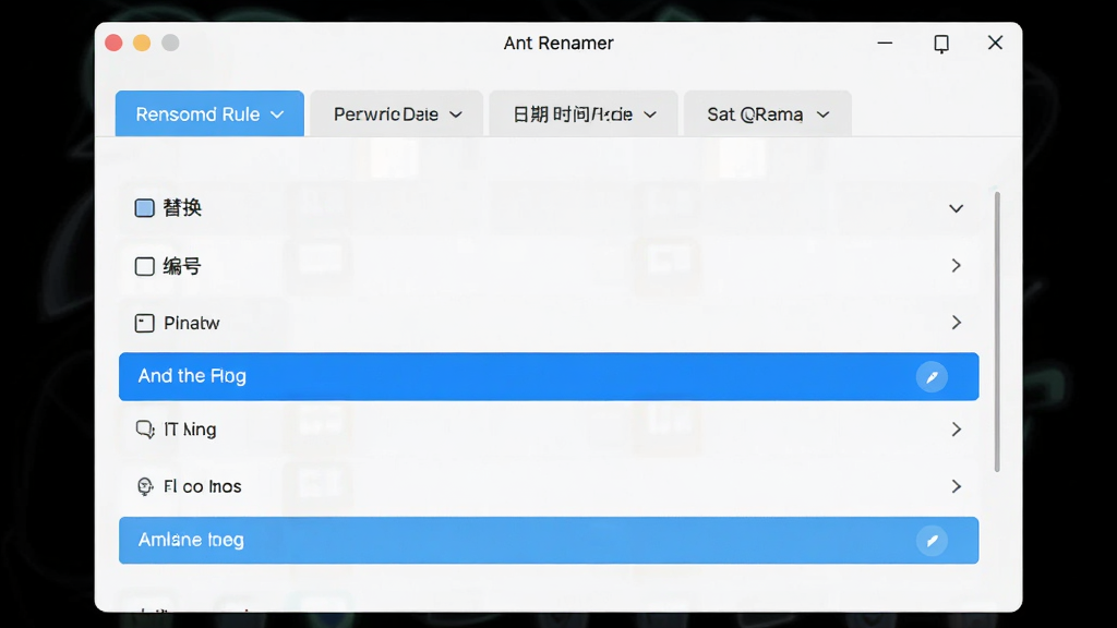 Ant Renamer ��������չʾ������Ϊ�������棬չʾ�������������ѡ��������滻����š�����ʱ��ȣ������Ű����룬����ִ���࣬����ɫ����ѡ��������������޶���Ԫ��