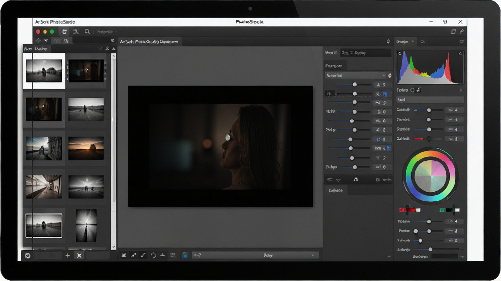 һ��չʾ ArcSoft PhotoStudio Darkroom ���������ȫ��ͼ�������ǵ�����Ļ�д򿪵İ�����ɫ������������Ϊ�����Ƭ����ͼ���������ͼԤ�����Ҳ����������壬�Ű��������룬���Ϊ�ִ��Ƽ���дʵ���ϸ�ڰ������顢ֱ��ͼ��ɫ���ֵ�Ԫ�أ����ʸ��壬����ɾ����޶���Ԫ��