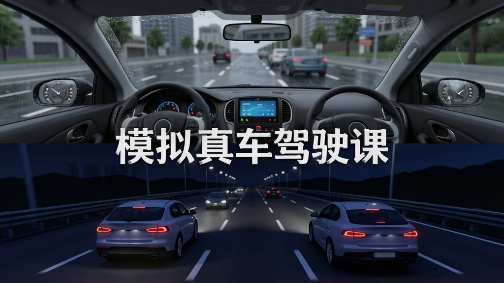 һ��չʾģ���泵��ʻ�ζೡ��·����ͼƬ�������Ϊ���������֣��ϰ벿��չʾ������е�·���°벿��չʾҹ����ٹ�·���������ֱ���ʻ�ڲ�ͬ�����У����������С�ģ���泵��ʻ�Ρ����֣����дʵ3D�����ֶԳƣ�ϸ�ڷḻ�����ʸ��壬�ɾ��޶���Ԫ��