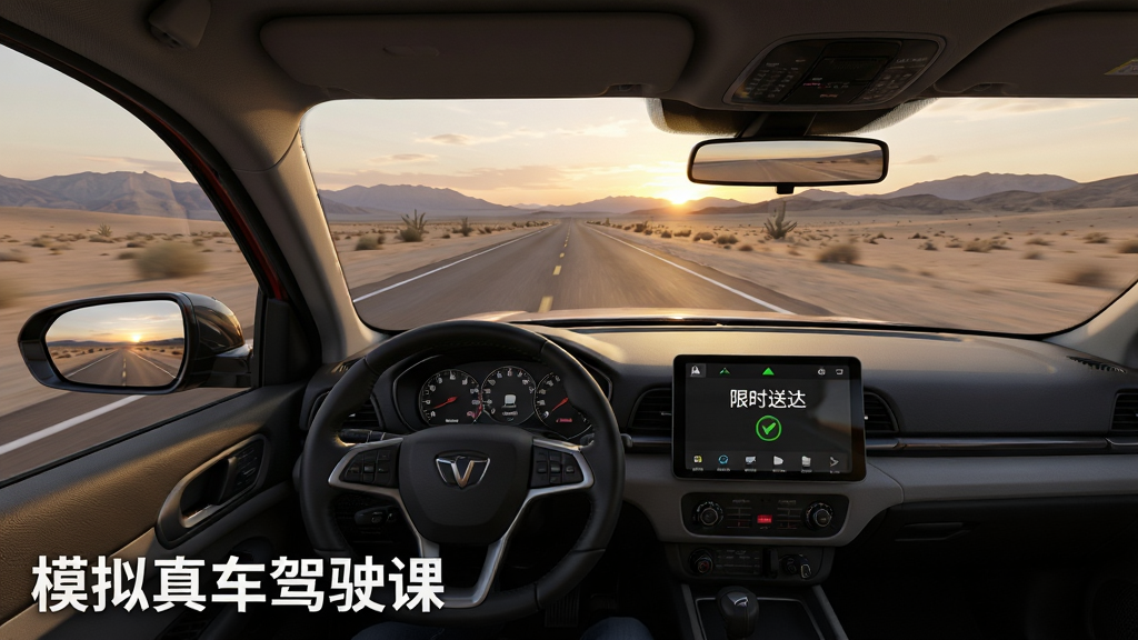 һ��չʾģ���泵��ʻ�����ɼ�ʻģʽ��ͼƬ��������һ��SUV��ʻ�ڿ�����ɳĮ��·�ϣ�Զ����ɽ����Ϧ����������Ļ��ʾ������ʾ����ʱ�ʹ���������½��С�ģ���泵��ʻ�Ρ����֣����дʵ3D�����ֿ�����ϸ�ڷḻ�����ʸ��壬�ɾ��޶���Ԫ��