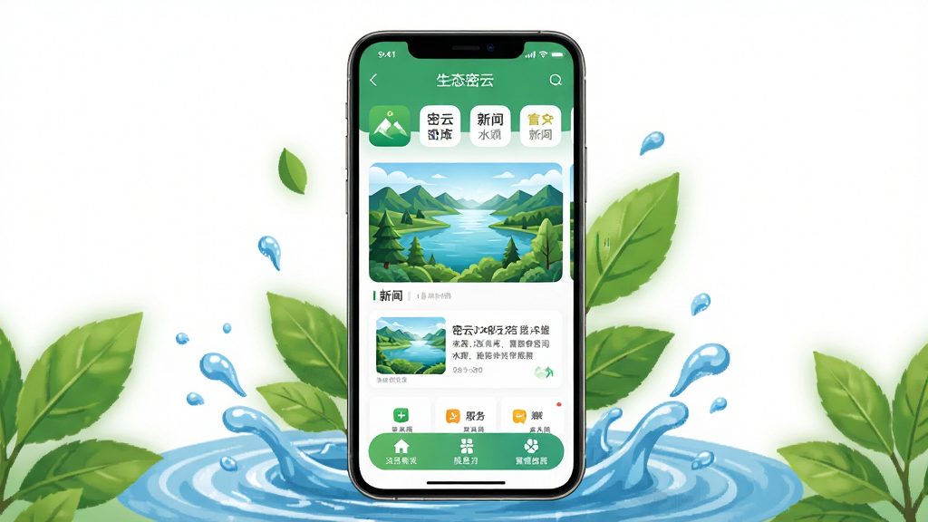 ��̬����APP�ٷ�����ͼ����������Ϊһ�������ֻ�����չʾ��̬����APP��ҳ���棬�����а�������ˮ�⡢��ɽ��������̬Ԫ�أ��ֻ���Χ���������µ���Ҷ����ɫˮ��װ�Σ�����Ϊ���й�ͼ���������׾��ȣ��Ű���󷽣����Ϊ���±�ƽ���Ƽ��磬ϸ��������APPͼ�ꡢ���ſ�Ƭ��������ڰ�ť�����ʸ��塢�ɾ����޶���Ԫ��