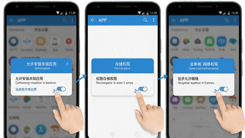 �Ų�����APP��װ��Ȩ������ʾ��ͼ������չʾ��׿�ֻ���Ļ��������ʾ��������װδ֪Ӧ�á����洢Ȩ�ޡ�������Ȩ�ޡ�����Ȩ�����������������̳̻�����ɫ����ɫ���ɫΪ����ϸ�ڰ�����ָ���ͼ�ꡢȨ�޿��أ����ʸ��壬�ɾ��޶���Ԫ��