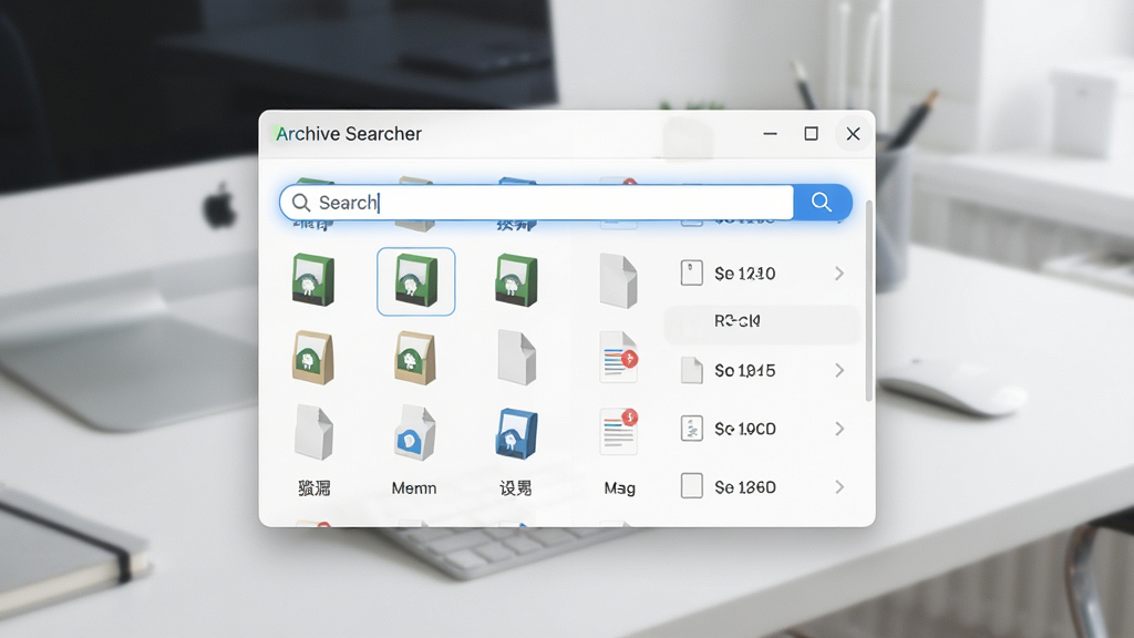 一张简洁的软件界面概念图,画面中央是 Archive Searcher 的搜索窗口,窗口内显示多个压缩包图标与文件列表,搜索框高亮显示,背景是干净的浅色办公桌面环境,风格现代简约,细节清晰,画质高清,干净,无多余元素