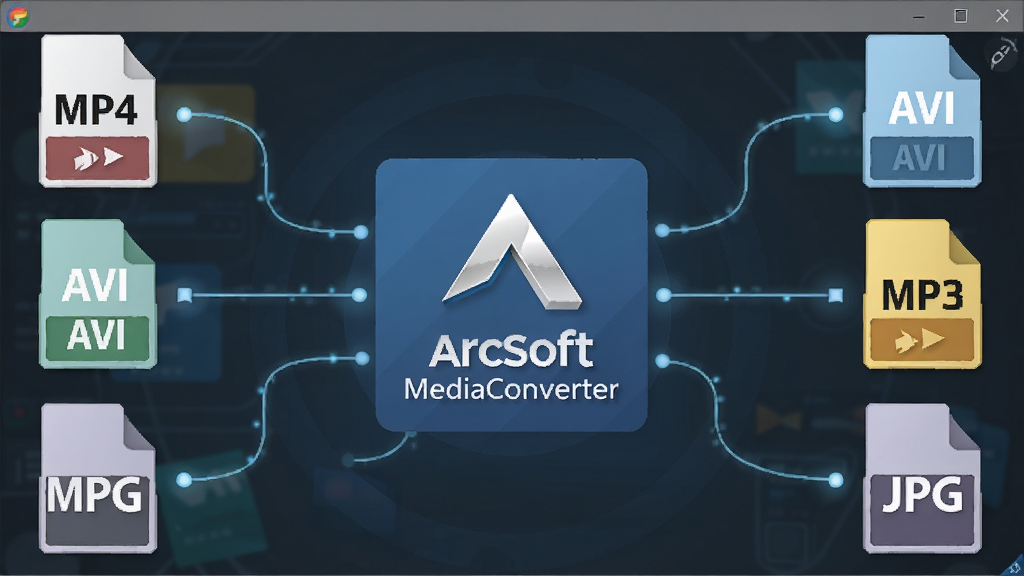 һ��չʾArcSoft MediaConverter���������ͼƬ����������ʾ���ָ�ʽͼ�꣨MP4, AVI, MP3, JPG��������������־������ͻ�������־��У��Ű�Գƣ����Ϊ��ƽ���Ƽ��У�ϸ�ڴ��й�Ч�����ߣ������������ɾ����޶���Ԫ�ء�