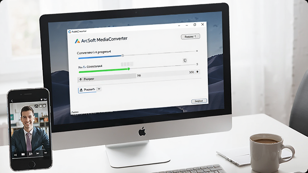 һ��չʾArcSoft MediaConverter�����ڵ�����Ļ�����У��Ա߷���һ���ֻ���һ�����ȵĳ���ͼ�������������������ֻ�������Ϊ�����ӽǣ��Ű���Ȼ�����Ϊ����칫�磬ϸ�ڰ���ת�����������ֻ����Ż��棬�����������ɾ����޶���Ԫ�ء�