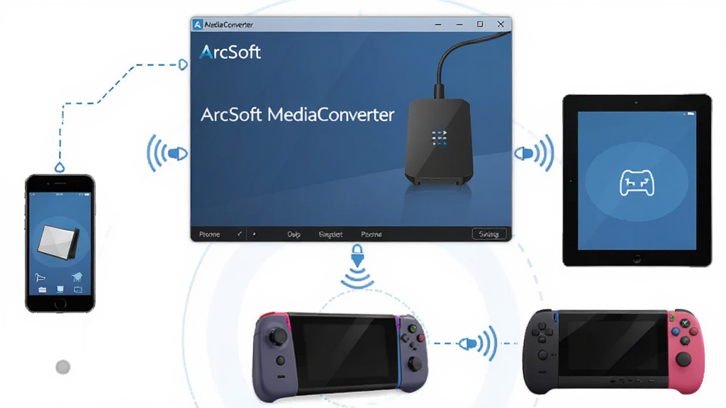 һ��չʾArcSoft MediaConverter���������ͼƬ����������ʾ�����������ֻ���ƽ�塢��Ϸ�����豸ͨ�������ź����ӵ�ʾ��ͼ���������������豸�Ļ���������Ϊ����ʽ�����Ϊ�������磬ϸ�ڴ����豸ͼ��������ߣ������������ɾ����޶���Ԫ�ء�